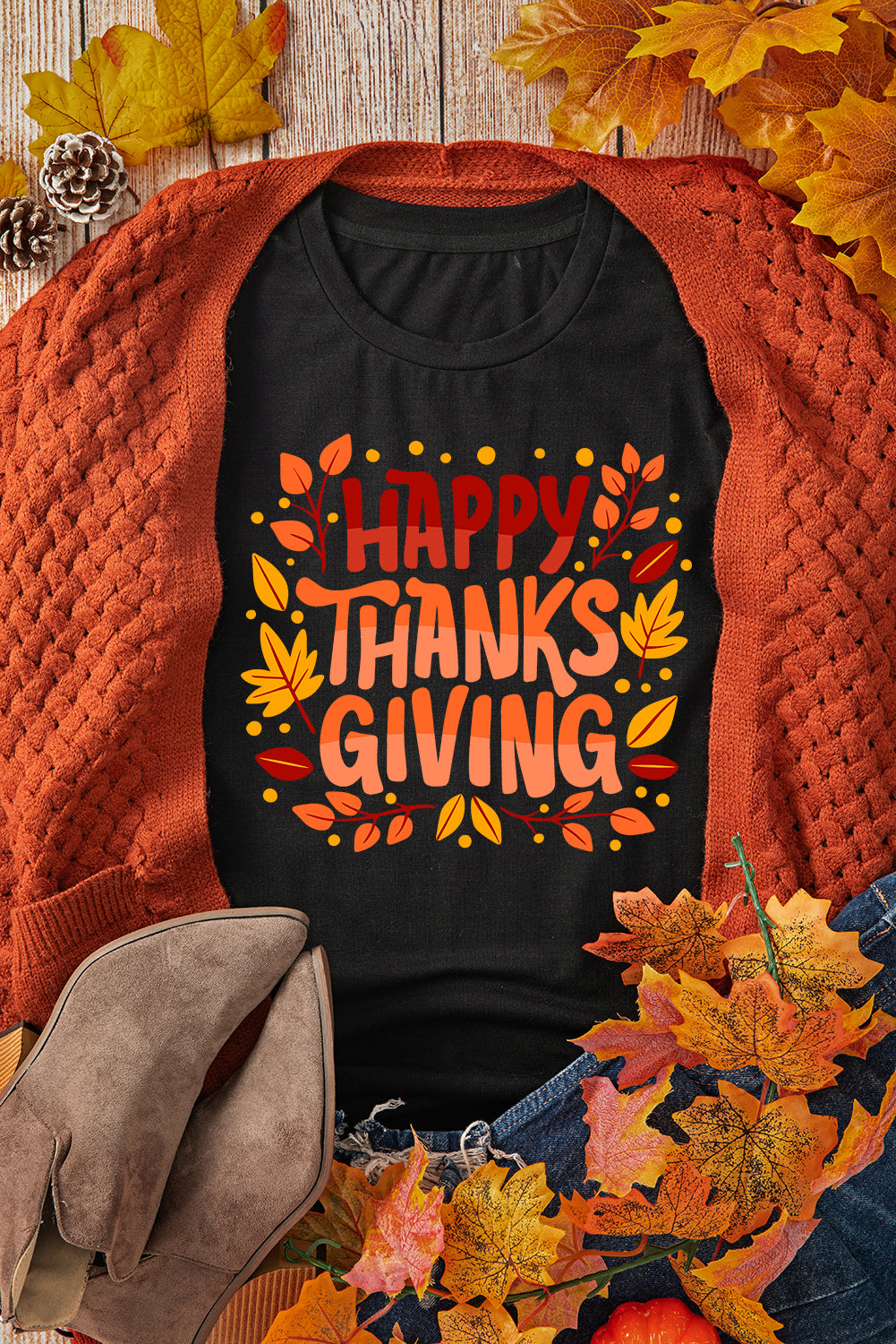 Happy Thanksgiving Leaves Print Crew Neck T Shirt