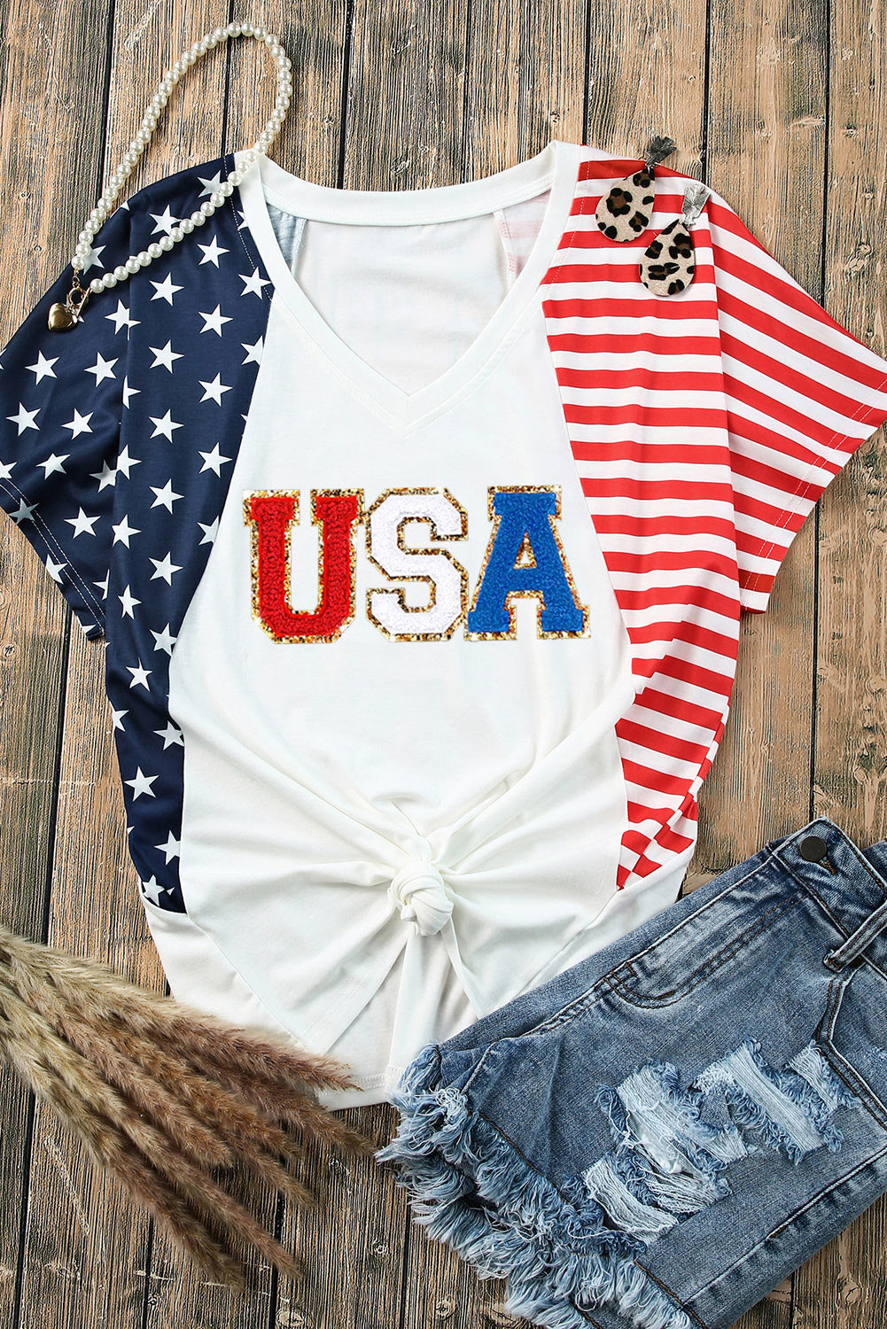Chenille USA Stars and Stripes Printed V Neck T Shirt