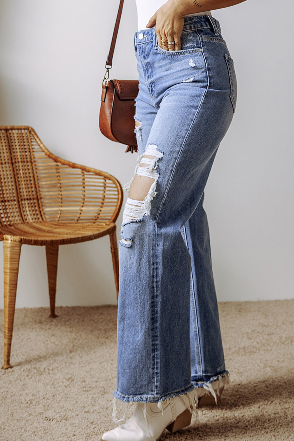 Distressed Raw Hem Straight Leg High Waist Jeans