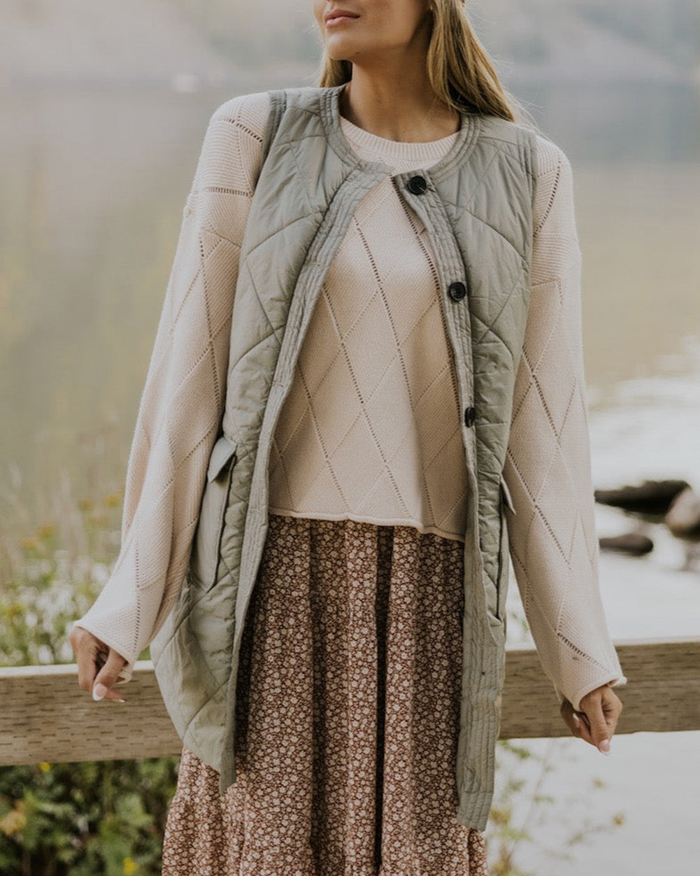 Quilted Long Vest Jacket with Pockets