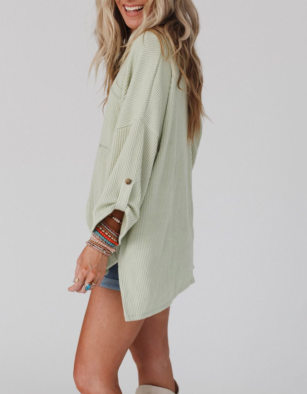 Ribbed Roll-tab Sleeve Chest Pocket Oversize Top
