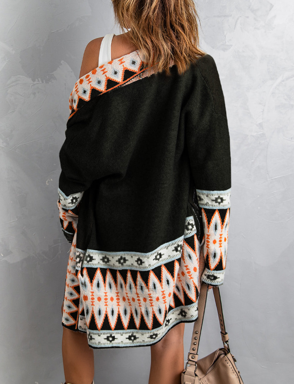 Aztec Print Open Front Knitted Cardigan