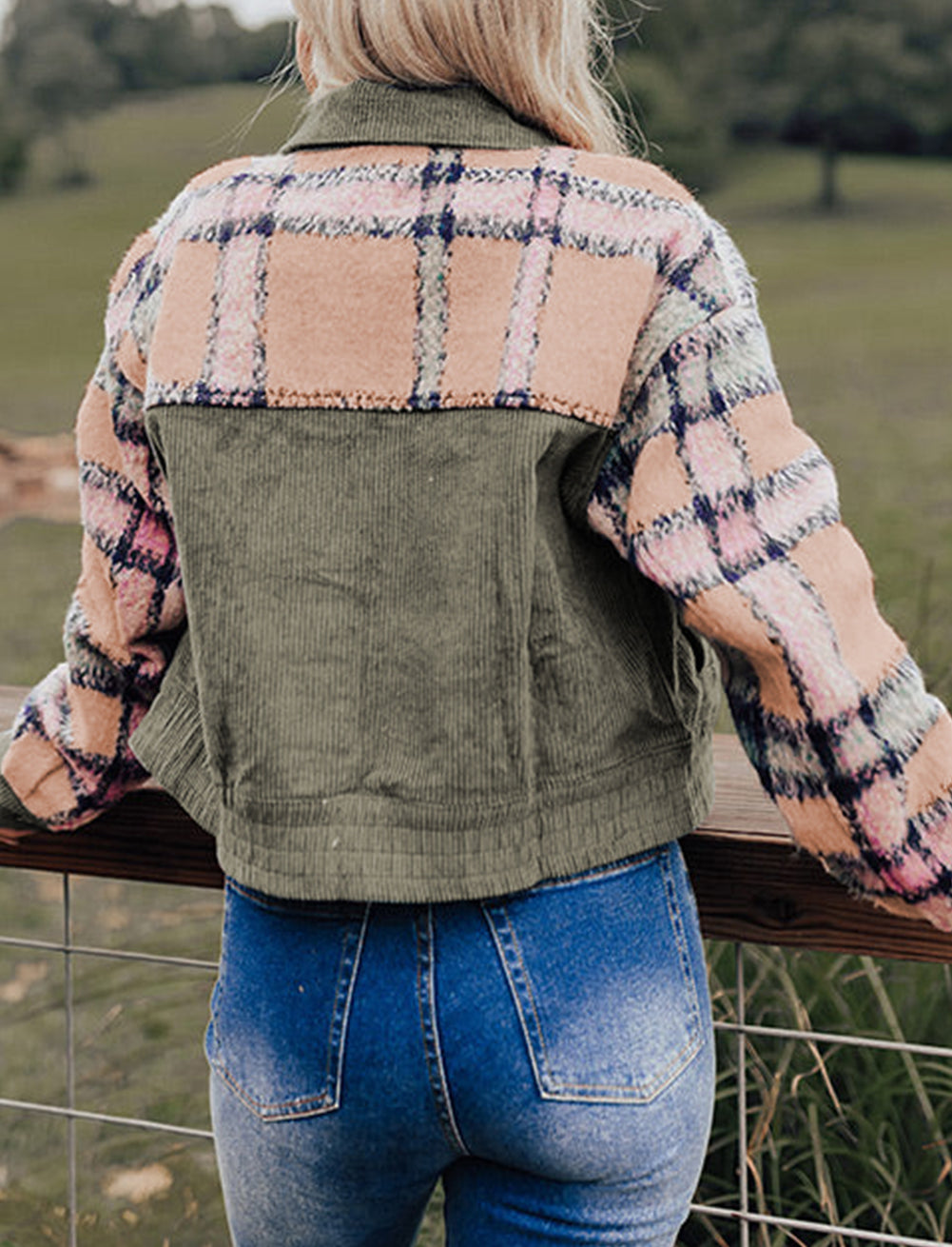 Plaid Corduroy Flap Pockets Boxy Chunky Jacket