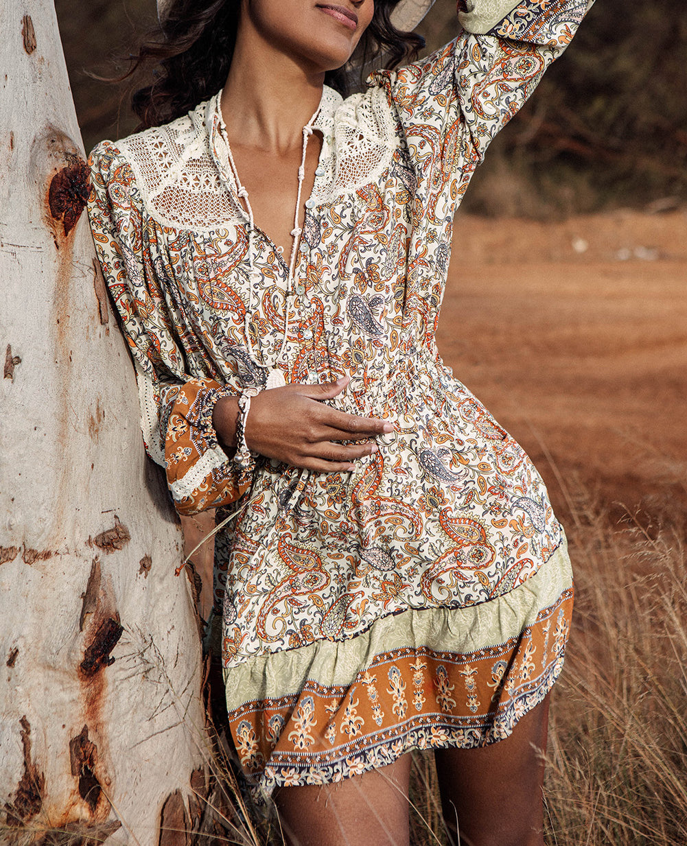 Lace Splicing Split Neck Paisley Ruffle Mini Dress