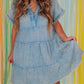 Mineral Wash Crinkle Split Neck Raw Hem Tiered Dress