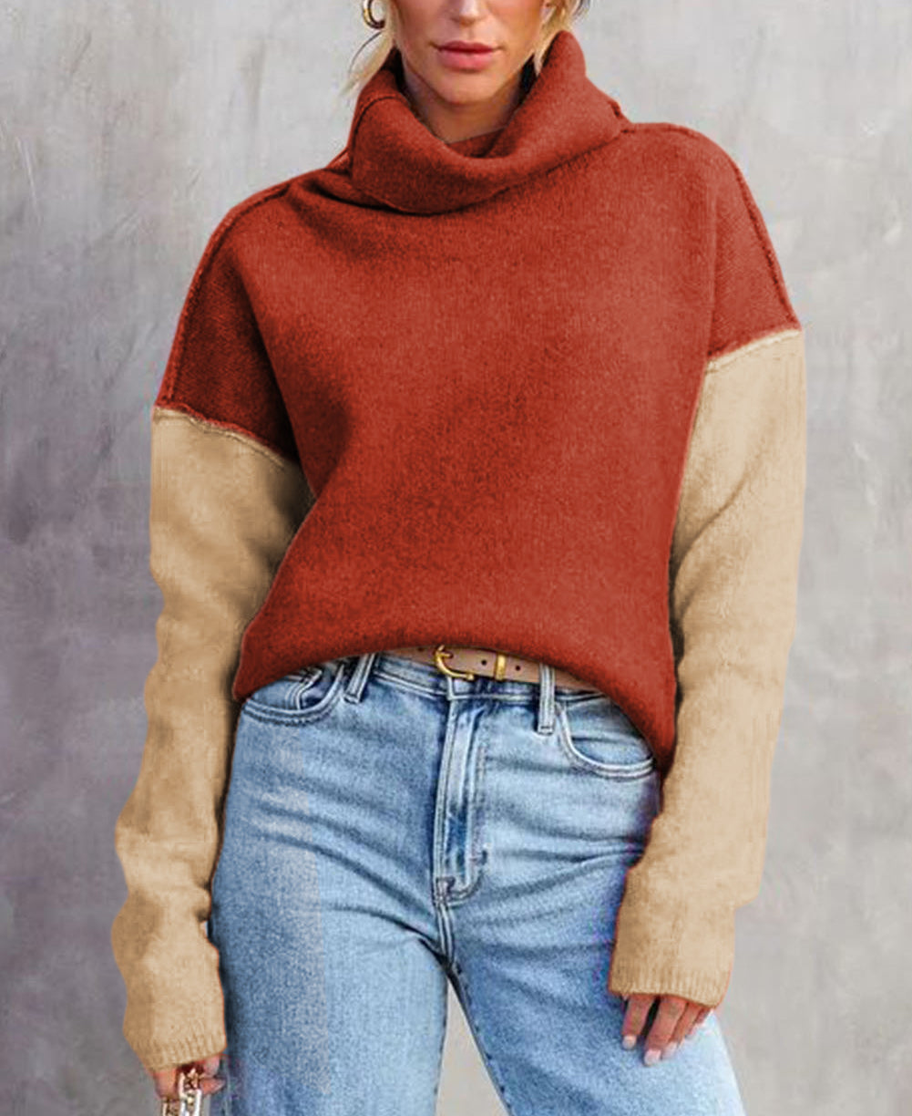 Color Block Turtle Neck Drop Shoulder Knit Sweater