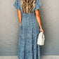 Printed V Neck Shirred Short Puff Sleeve Maxi Dress