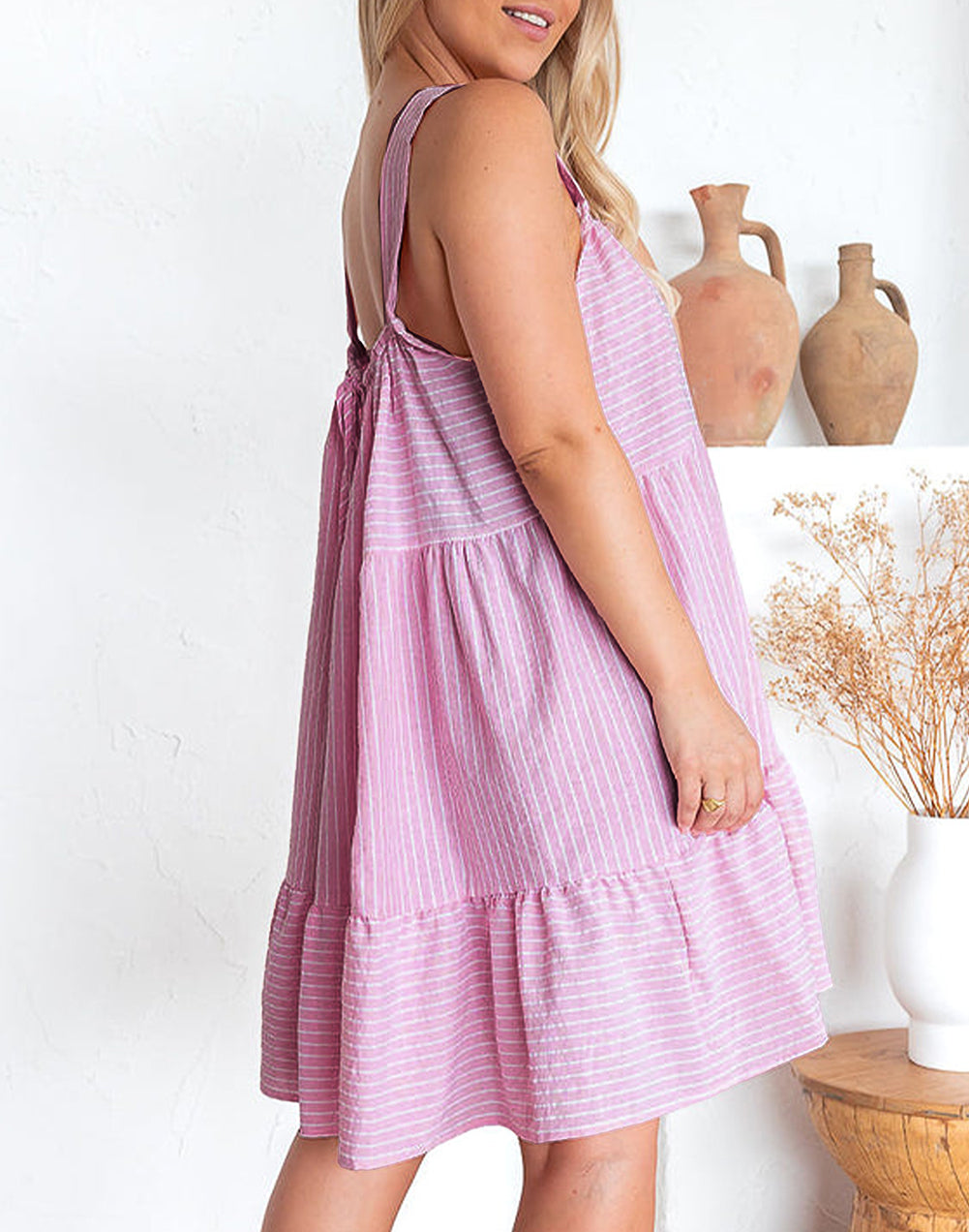 Stripe Pinstriped Ruffled Hem Sleeveless Mini Flared Dress