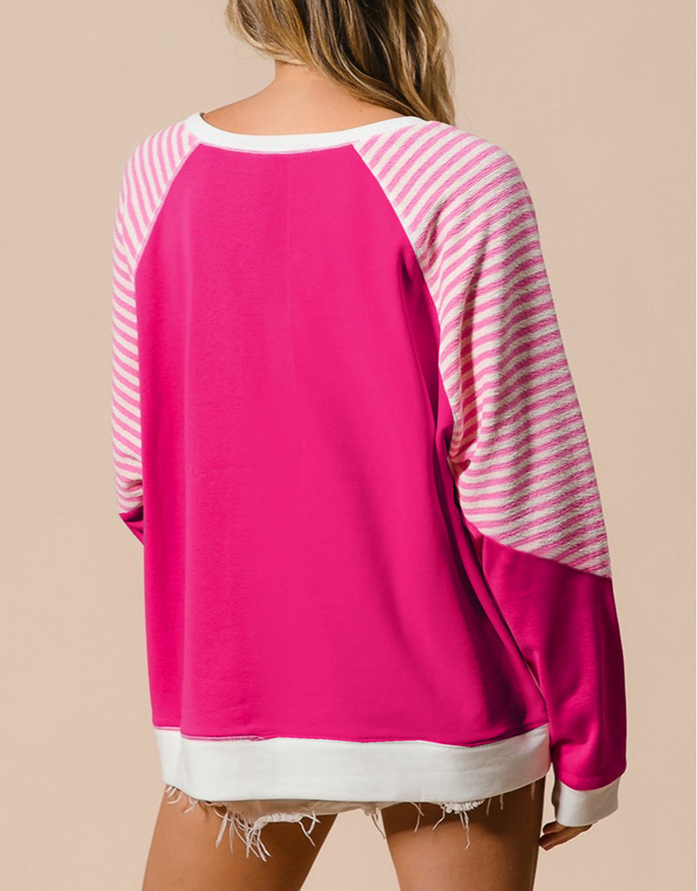 Striped Patchwork Crew Neck Raglan Sleeve Top