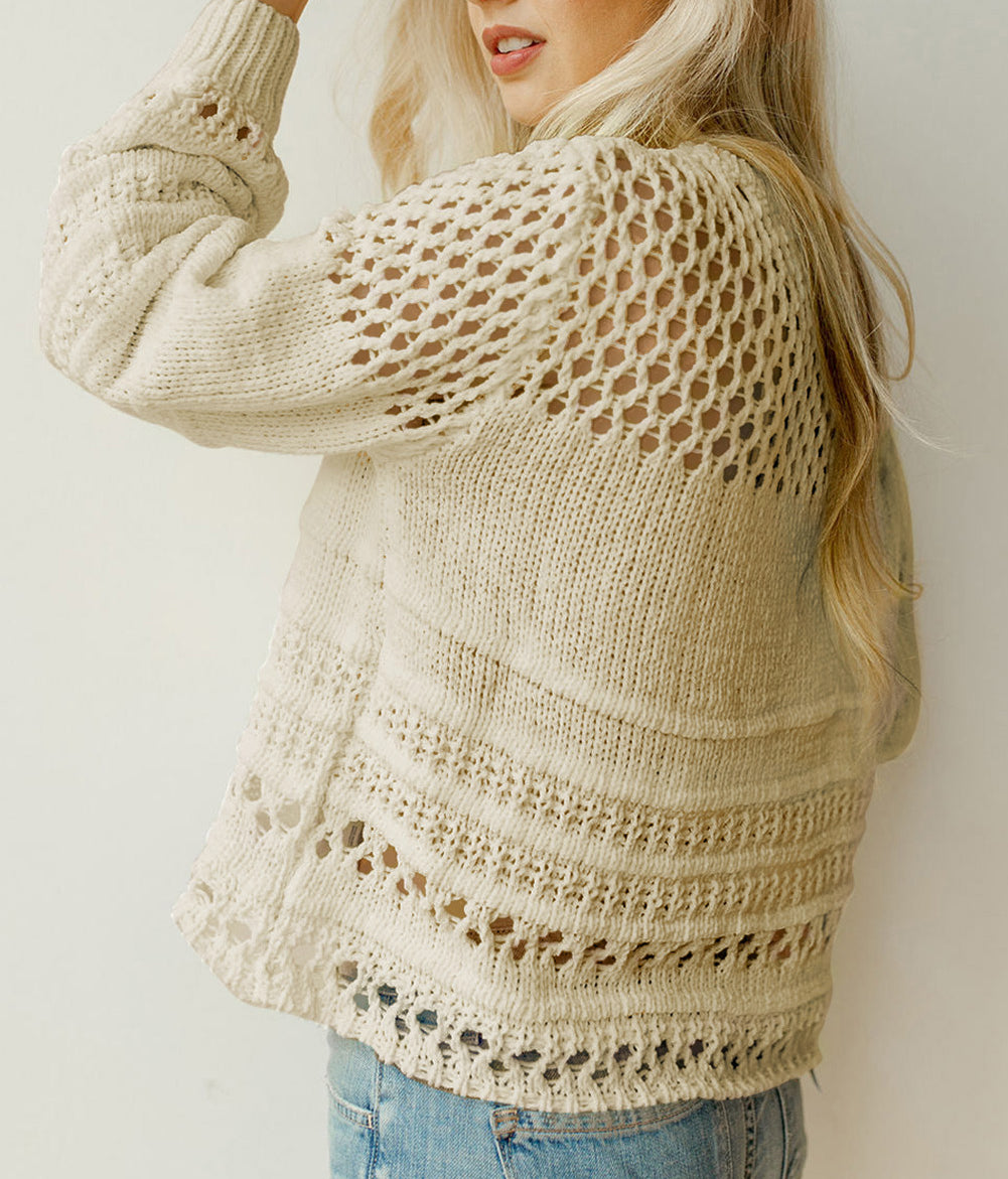 Solid Color Pointelle Knit Puff Sleeve Sweater