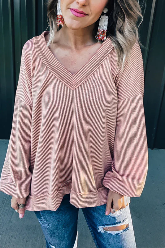 Loose V Neck Bubble Sleeve Knit Ribbed Top