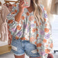 Floral Print V Neck Puffy Lantern Sleeve Blouse