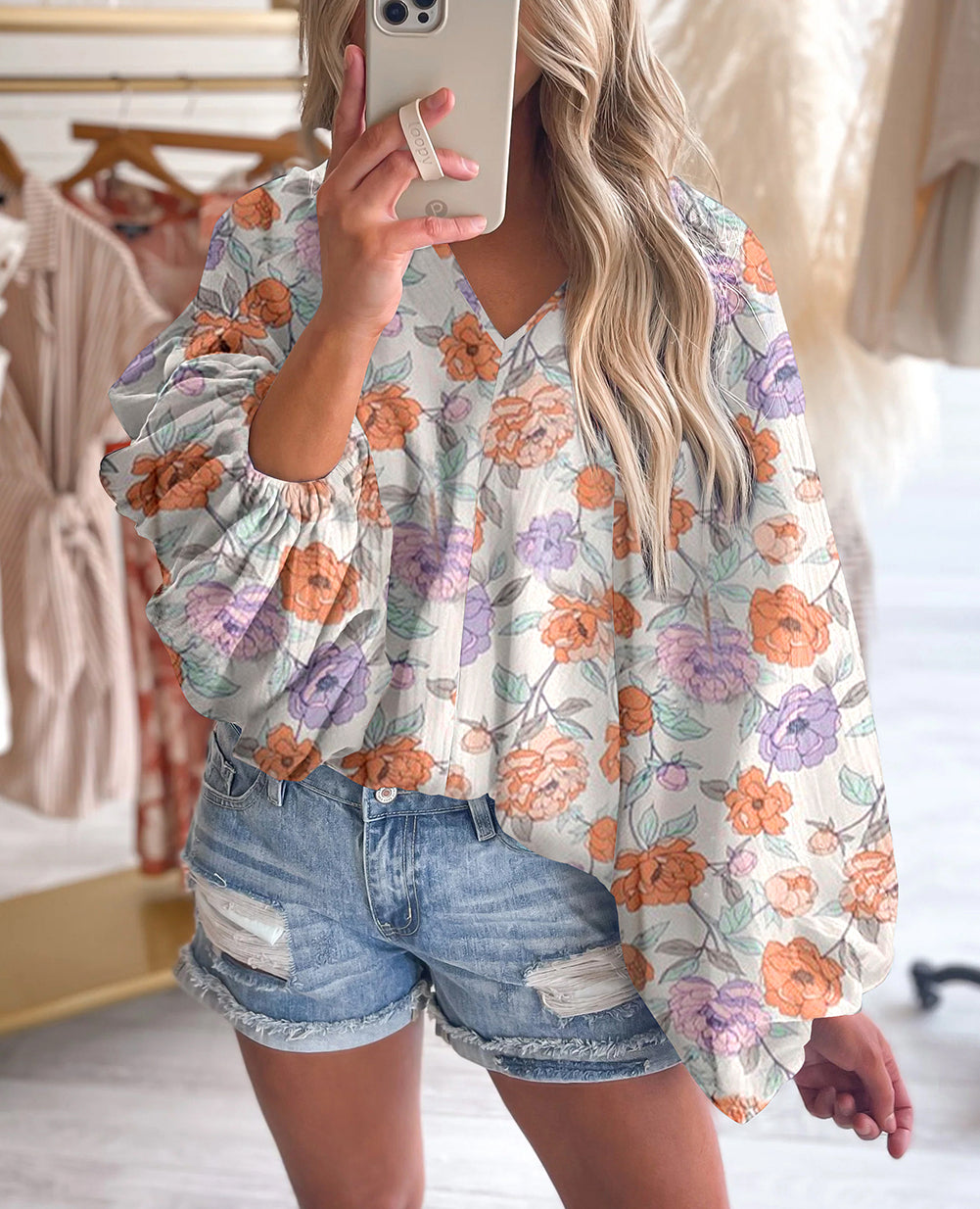 Floral Print V Neck Puffy Lantern Sleeve Blouse