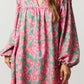 Split V Neck Bubble Sleeve Loose Floral Dress