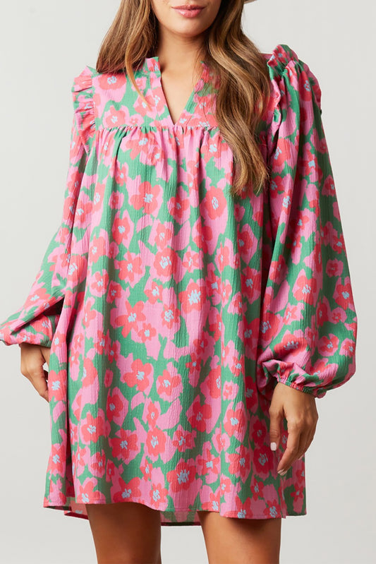 Split V Neck Bubble Sleeve Loose Floral Dress