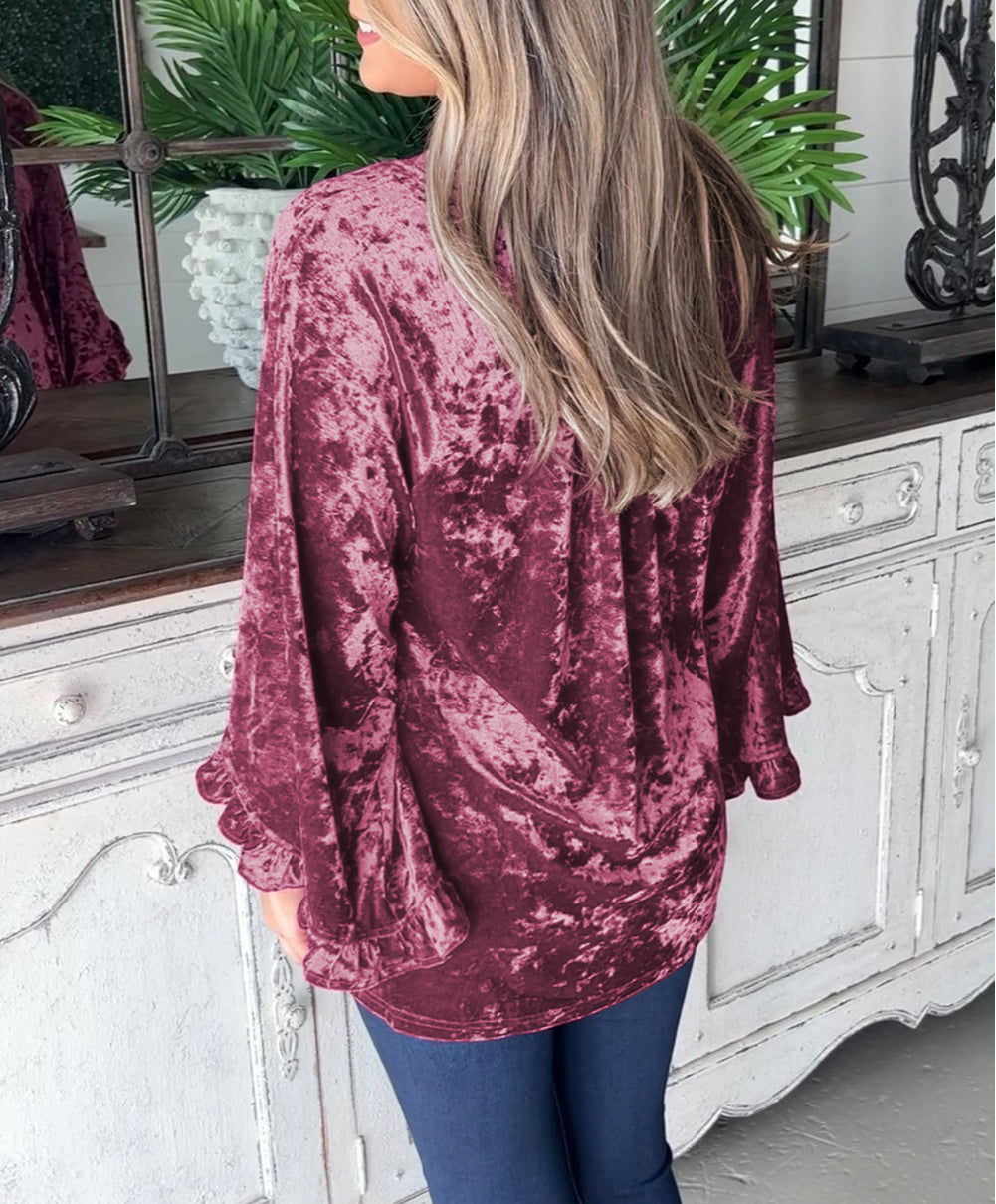 Dahlia Velvet Pagoda Sleeve Crew Neck Top