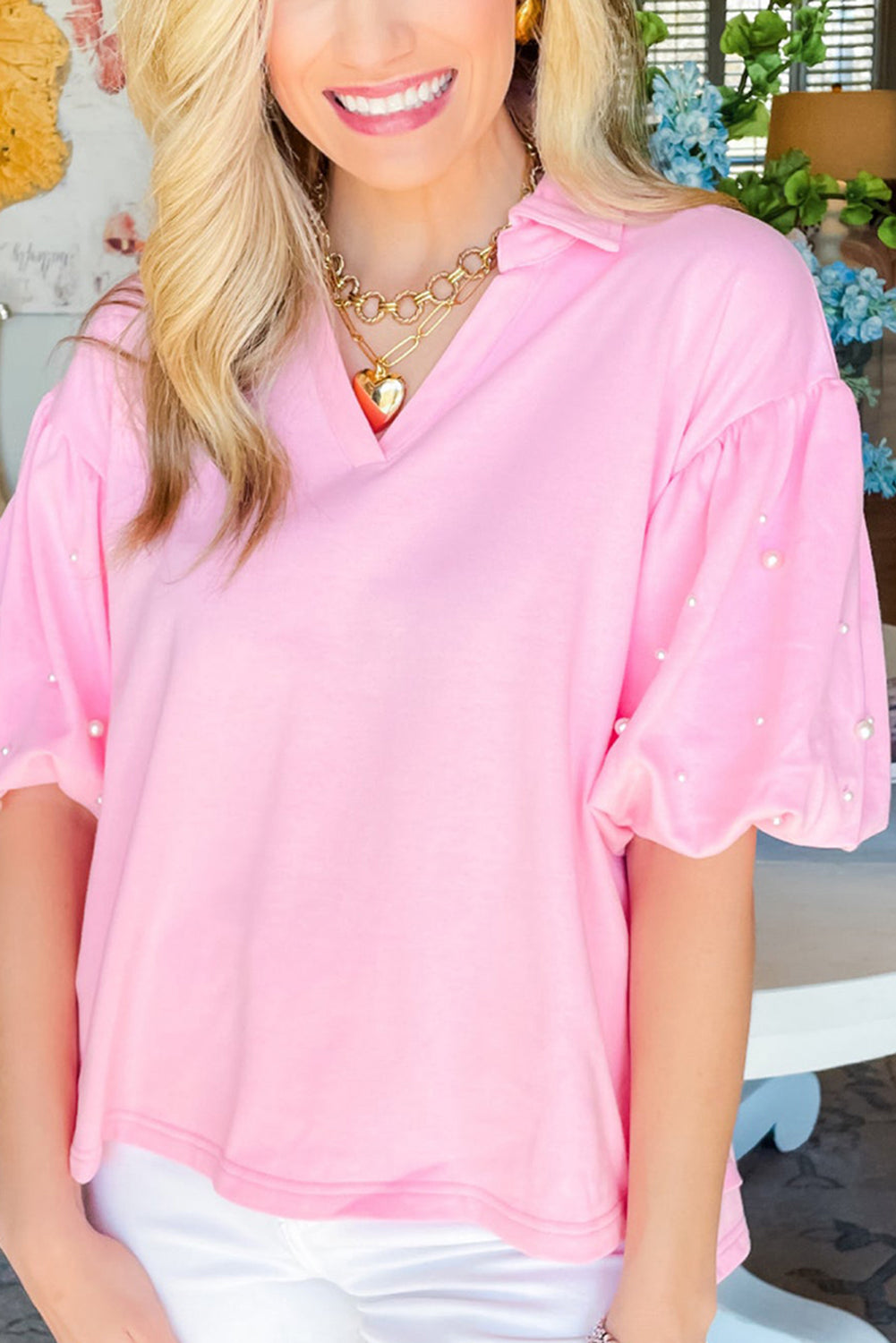 Pearl Studded Puff Sleeve Collared Top