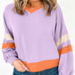 Contrast Rib Knit Patchwork Drop Shoulder V Neck Sweatshirt