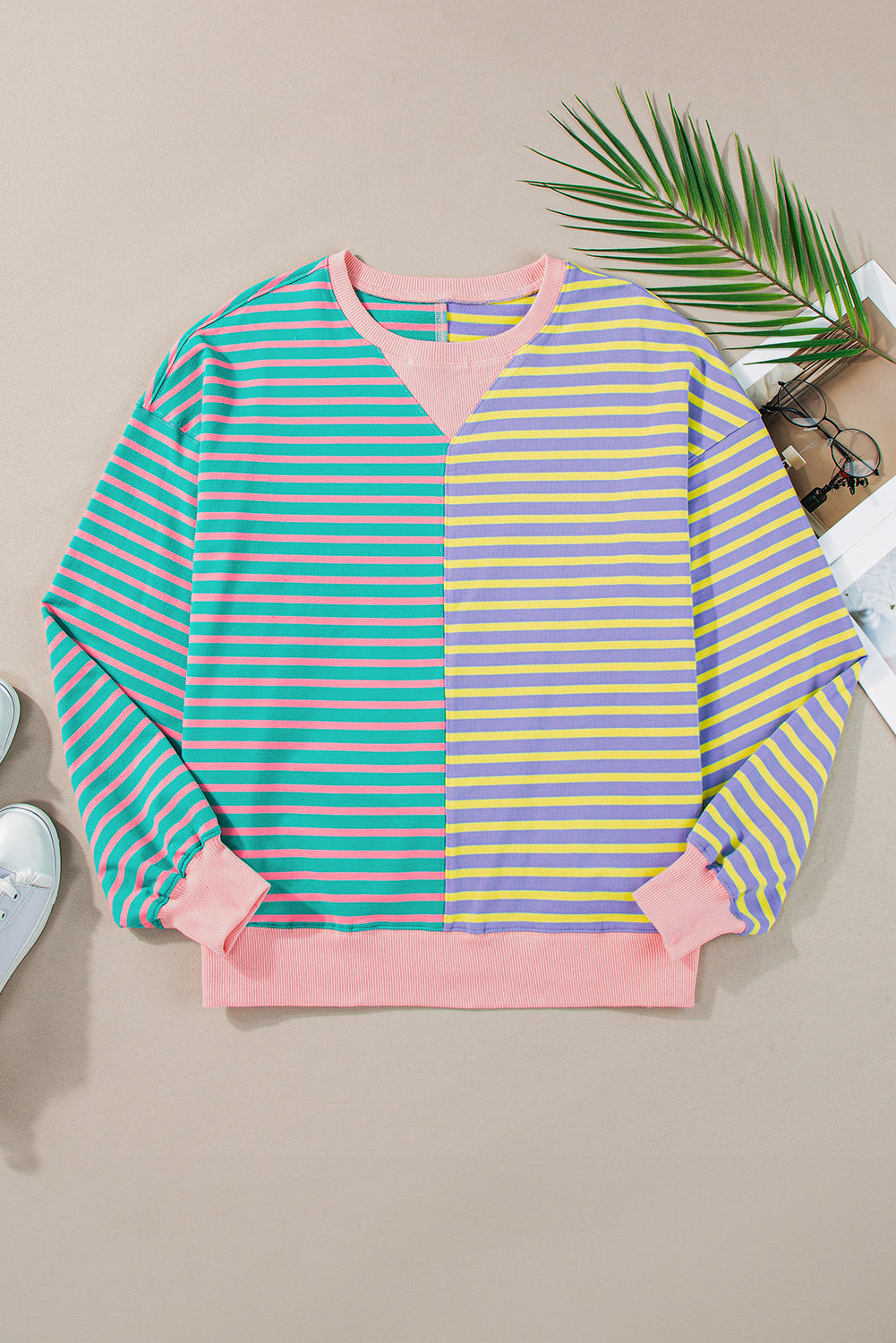 Stripe Colorblock Drop Shoulder Oversize Sweatshirt