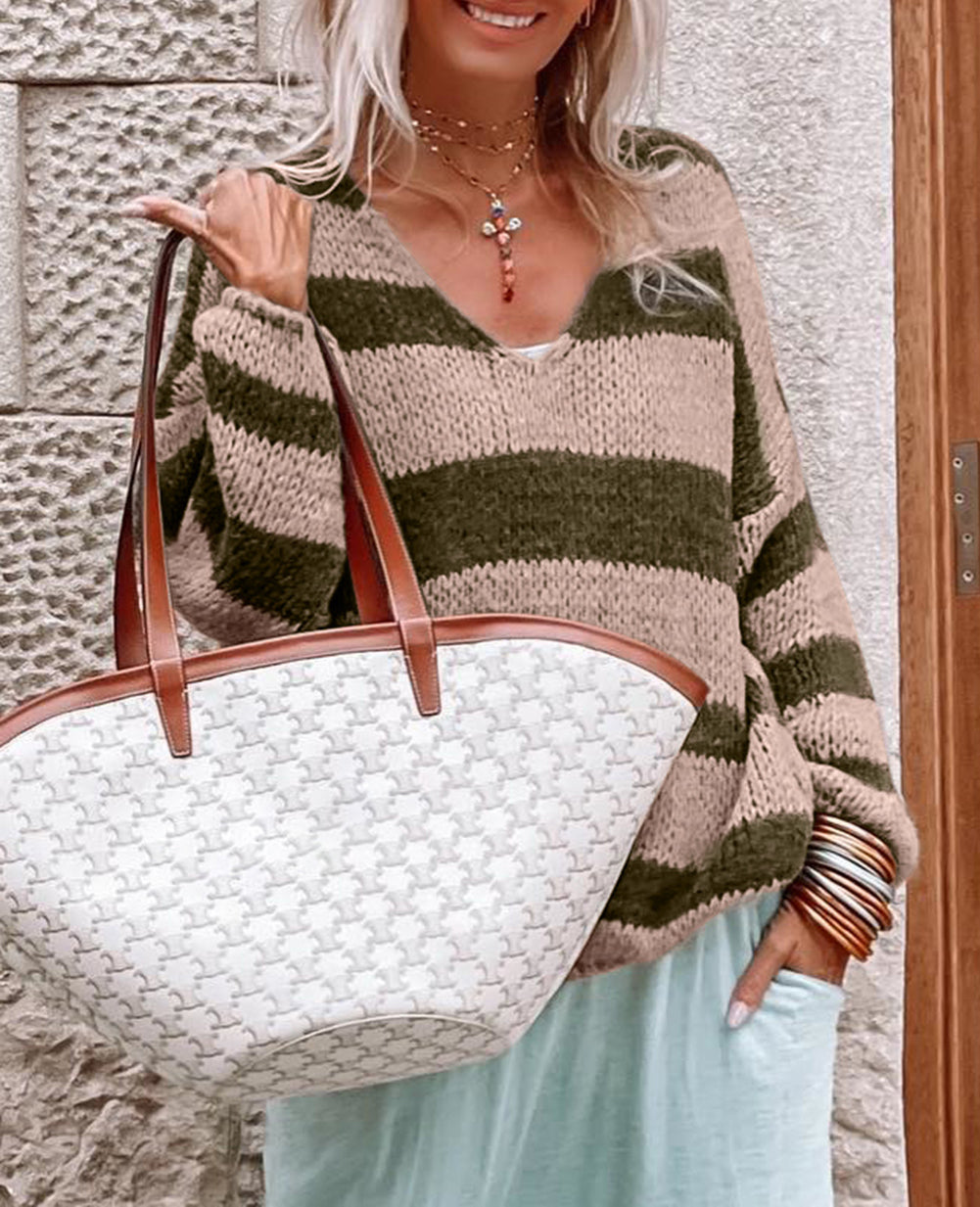 Striped Colorblock Knit V Neck Loose Fit Sweater