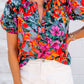 Floral Print Ruffle Trim Bubble Sleeve Split Neck Blouse