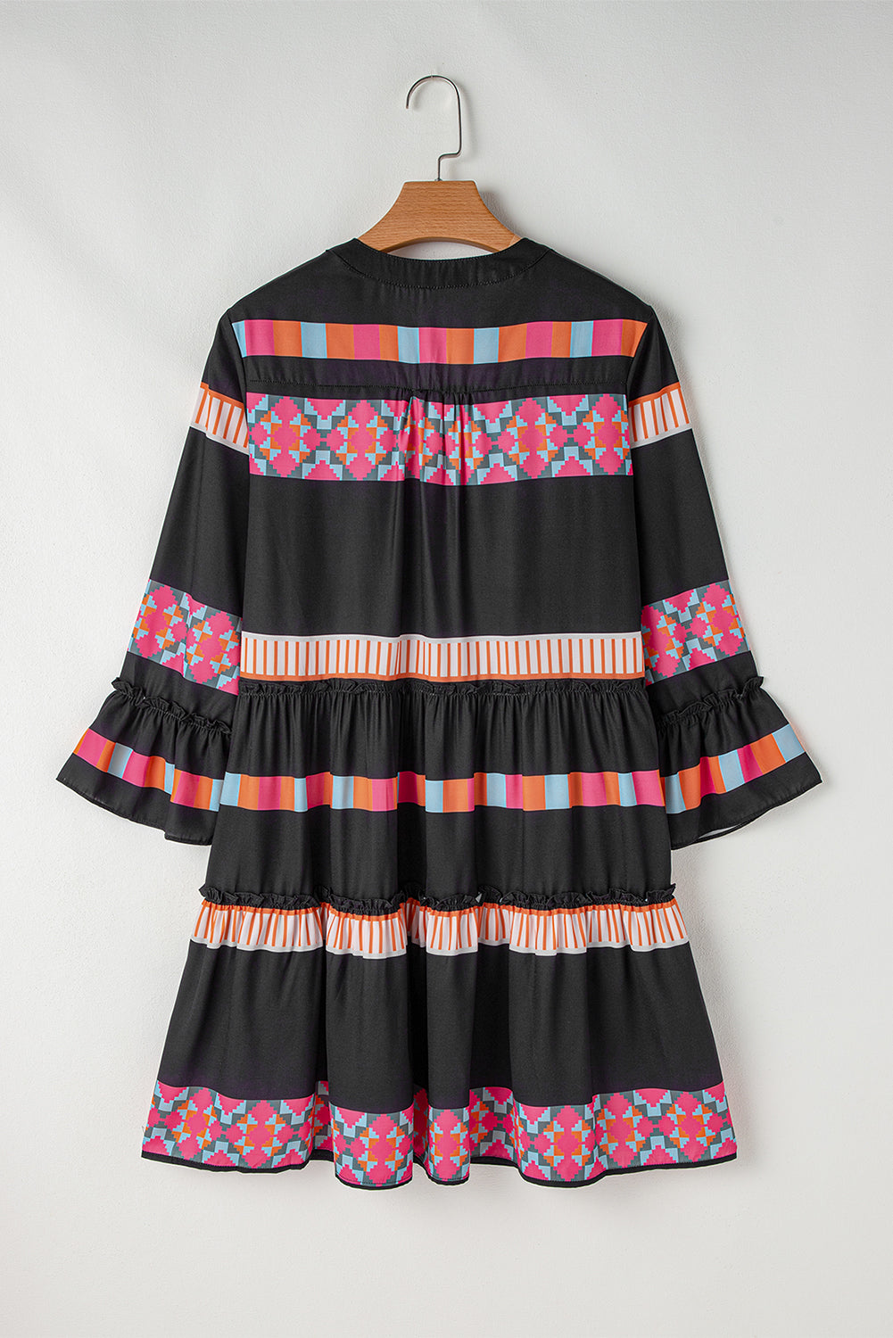 Ethnic Print Buttoned V Neck Bell Sleeve Ruffle Patchwork Dress