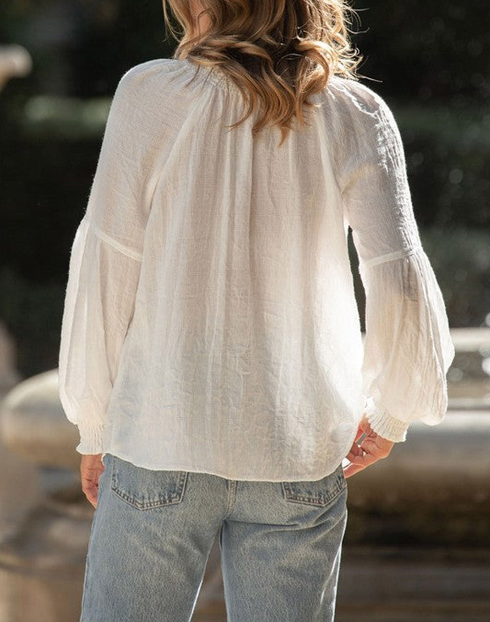 Split Neck Smocked Cuffs Bishop Sleeve Blouse