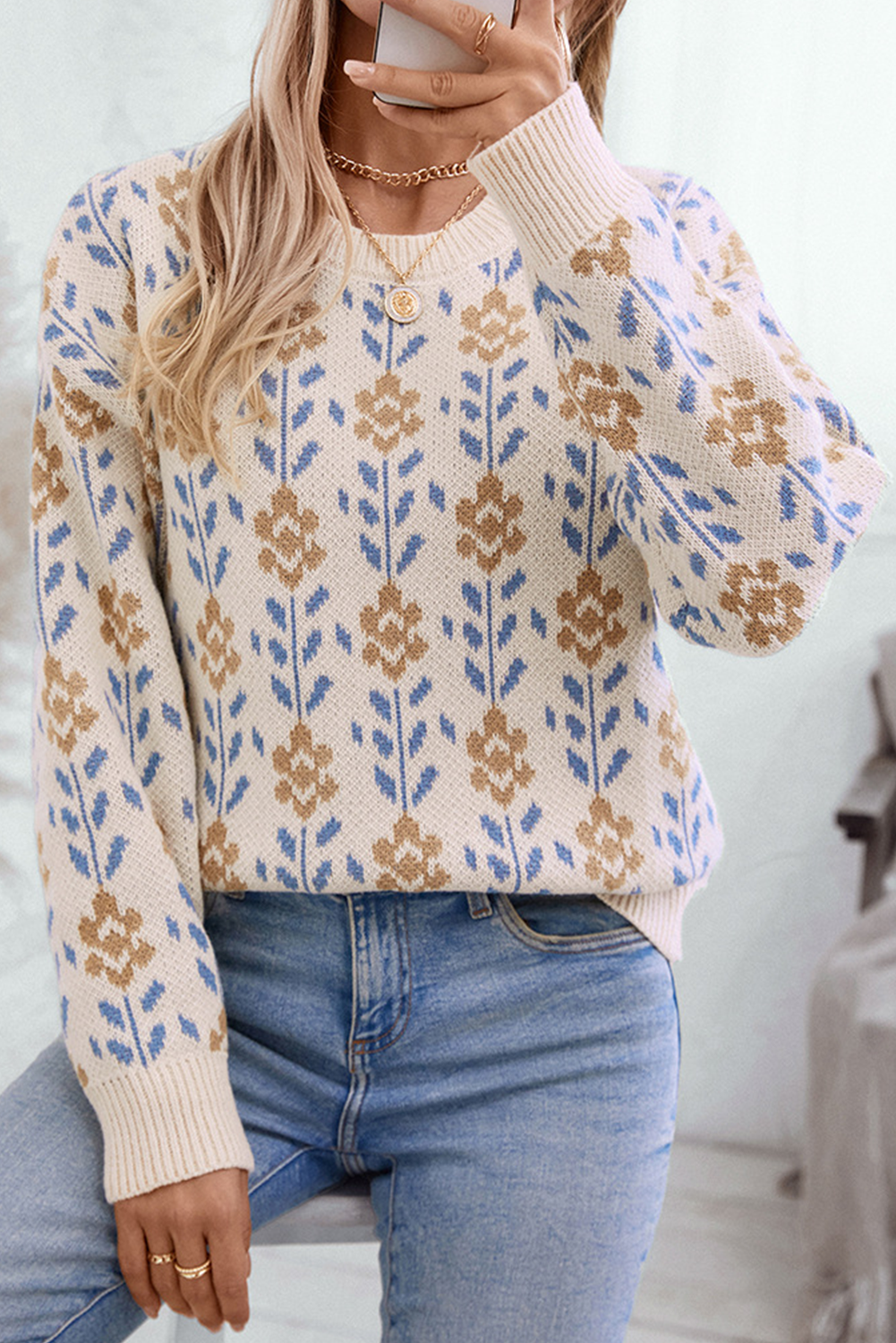 Floral Pattern Crew Neck Sweater