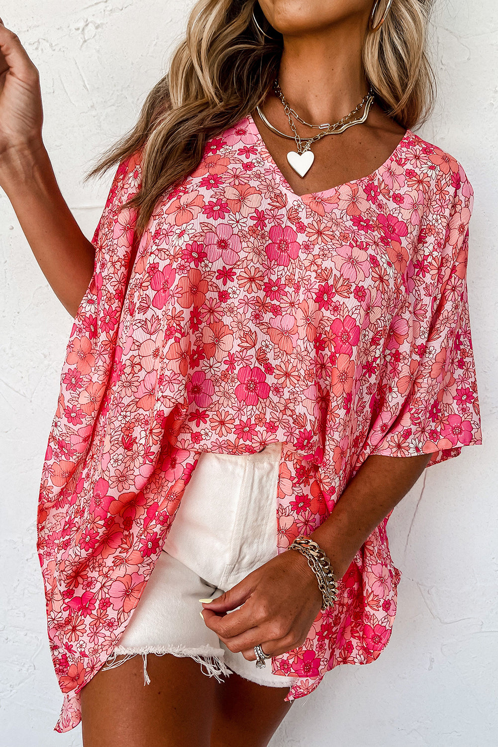 Boho Floral V Neck Kimono Style Blouse