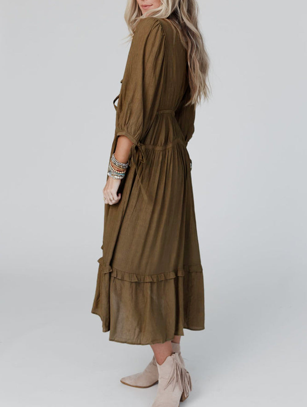 Tie Puff Sleeve Empire Waist Flared Dress