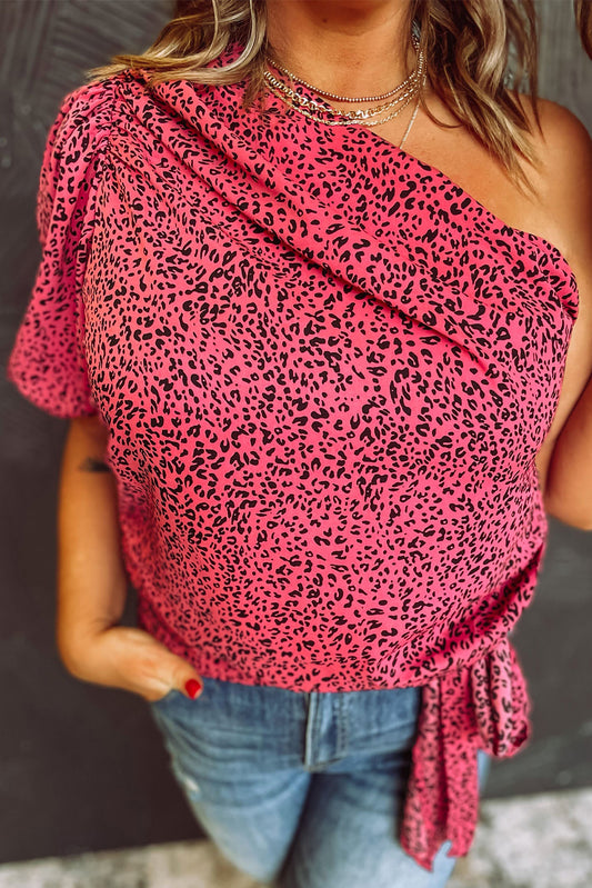 Plus Slant One Shoulder Leopard Tie Drape Blouse