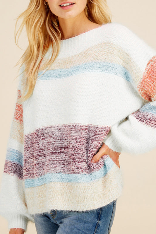Colorblock Striped Bishop Sleeve Fuzzy Sweater