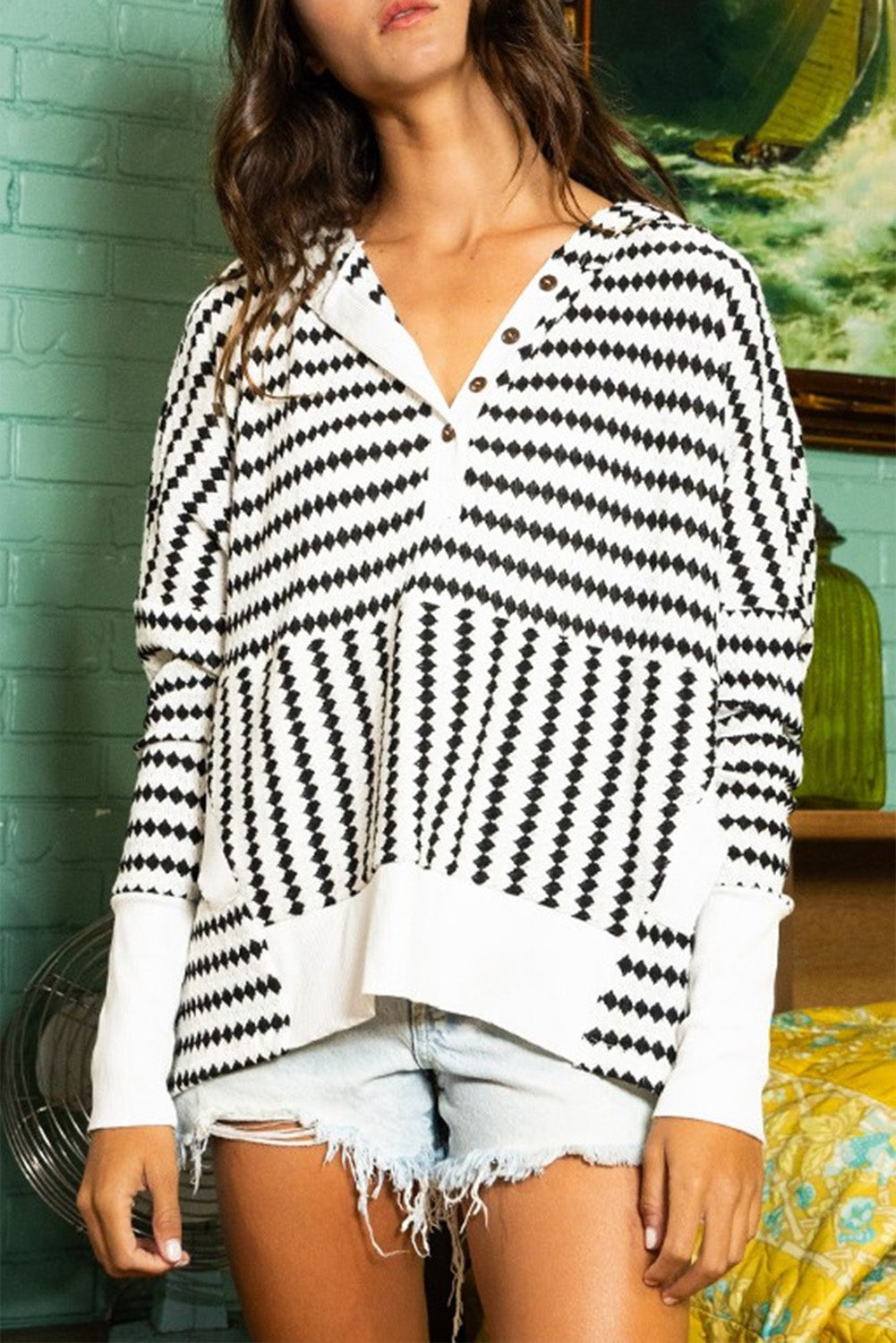 Stripe Argyle Striped Half Button Oversized Hoodie