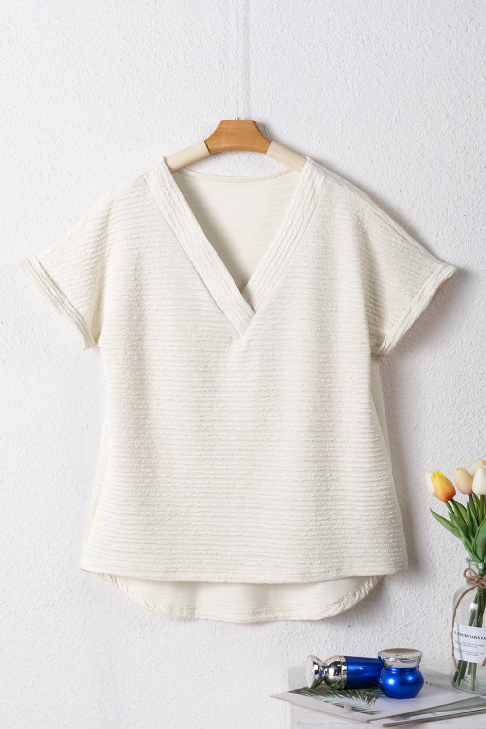Textured Wide Sleeve V Neck T Shirt