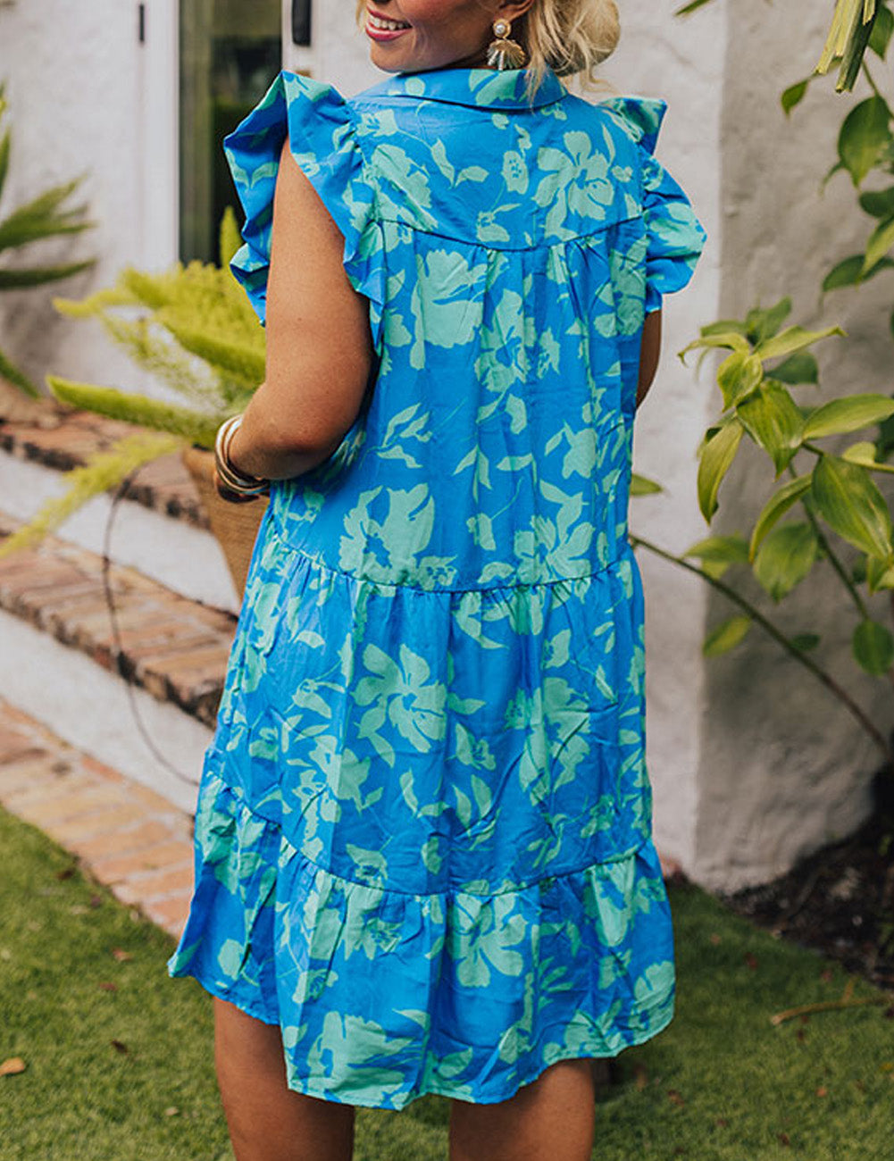 Plus Size Floral Print Flutter Sleeve Buttoned Mini Dress