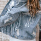 Sequin Embellished Fringe Distressed Denim Jacket