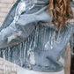 Sequin Embellished Fringe Distressed Denim Jacket