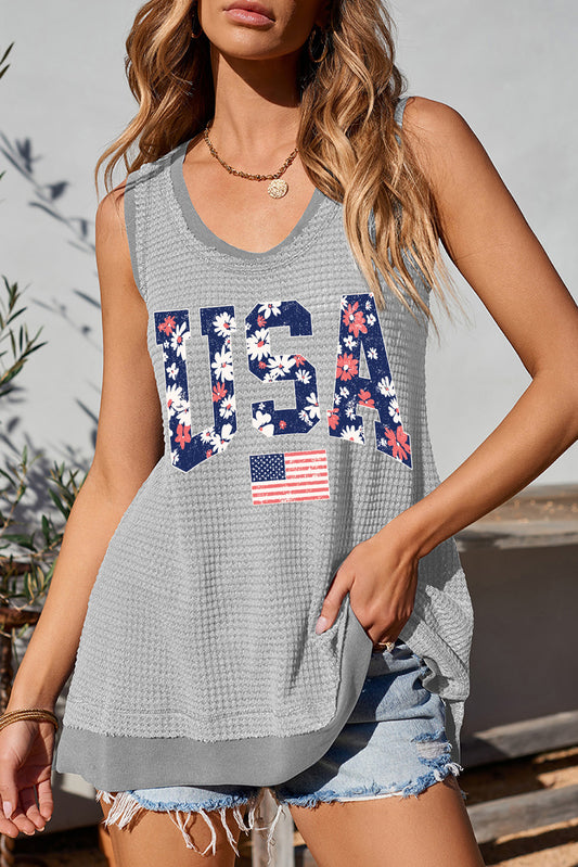 Textured Floral USA Flag Graphic U Neck Shift Tank Top