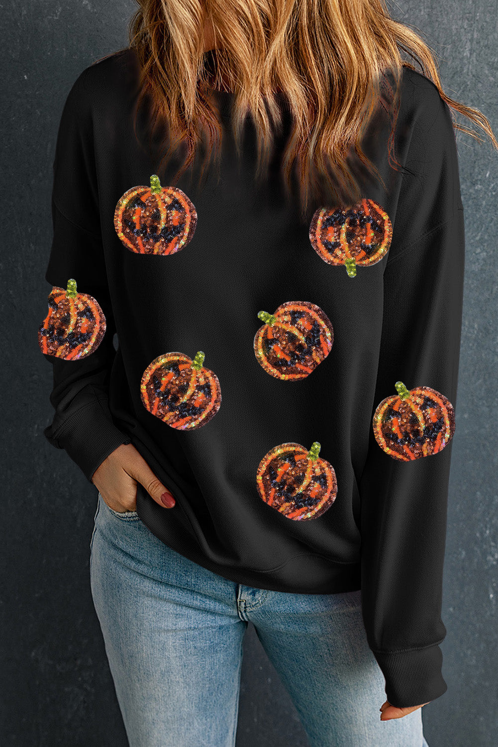Sequin Halloween Pumpkin Graphic Pullover Sweatshirt