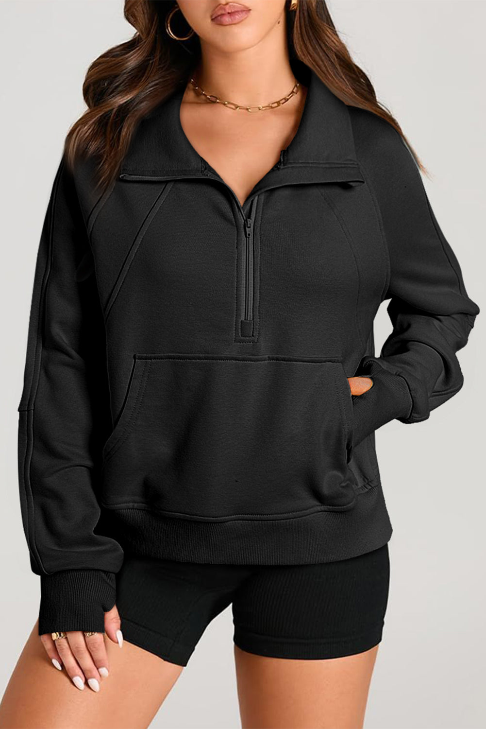 Zip Stand Neck Kangaroo Pocket Sweatshirt