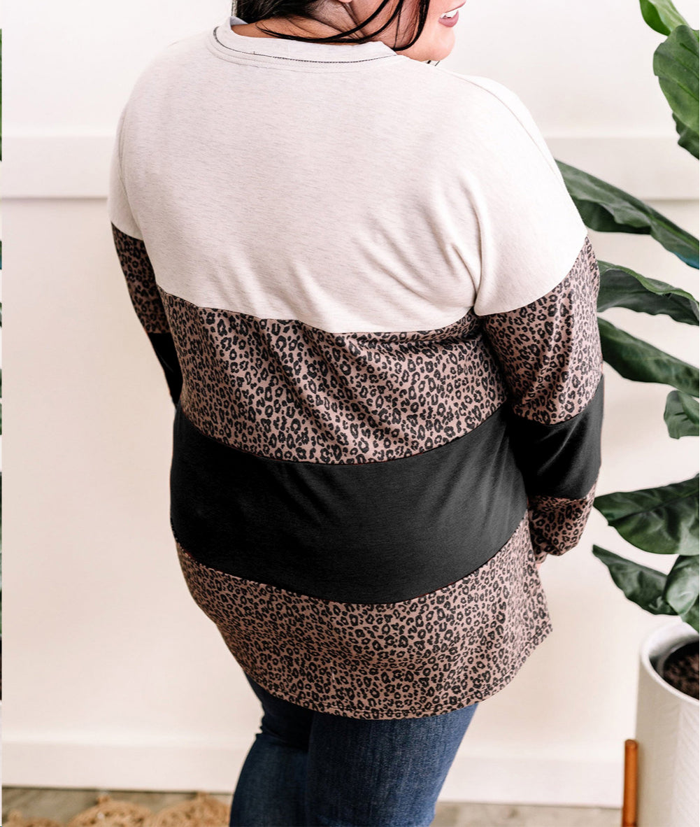 Leopard Print Colorblock V Neck Long Sleeve Plus Size Top