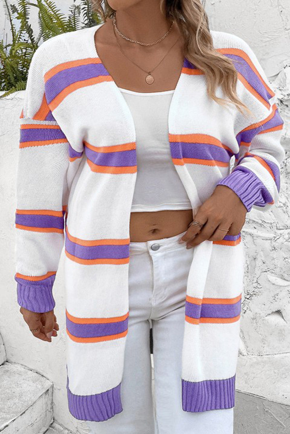 Plus Size Striped Dropped Shoulder Sweater Cardigan