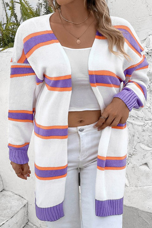 Plus Size Striped Dropped Shoulder Sweater Cardigan