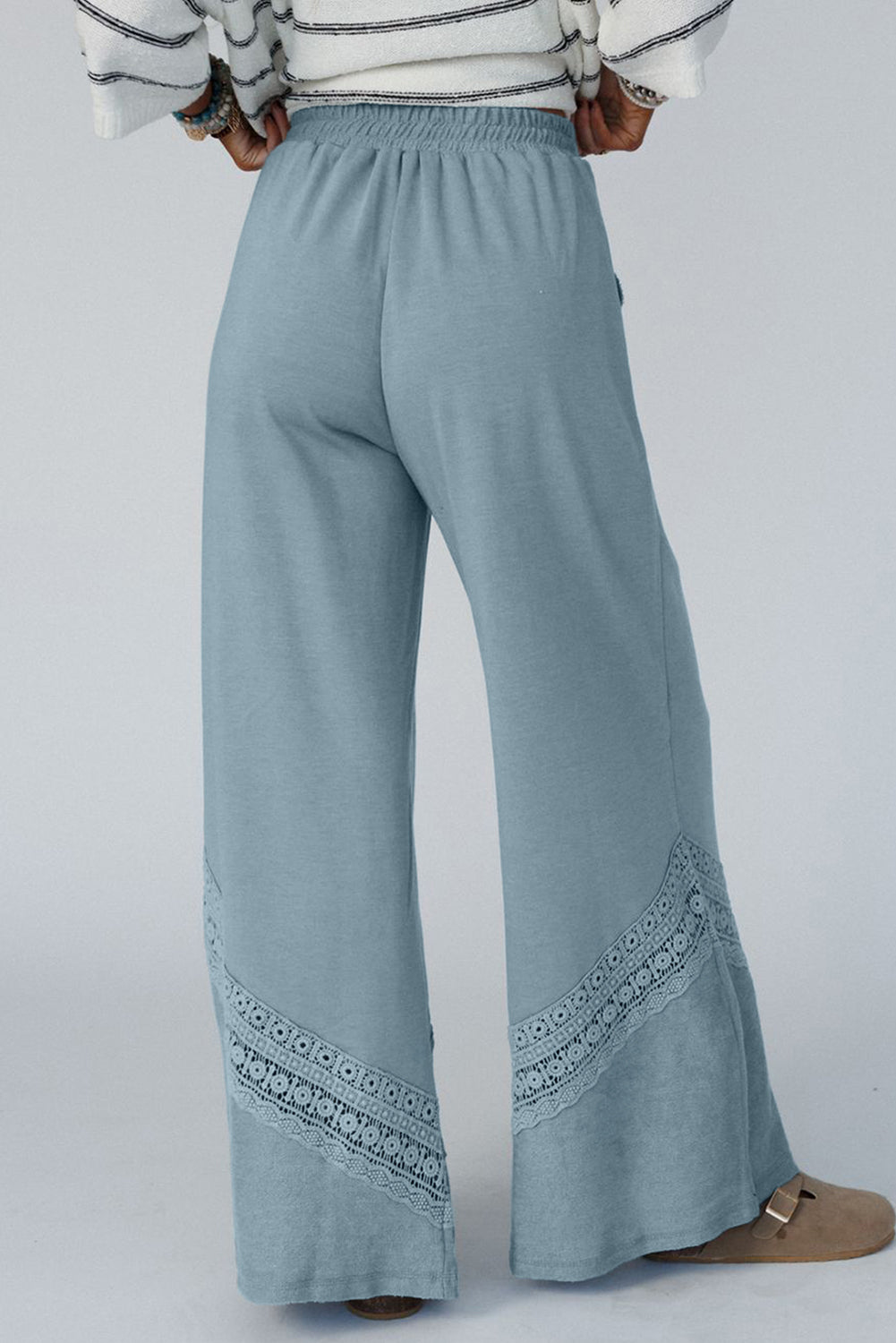 Lace Crochet Patched Lace-up High Waist Wide Leg Pants