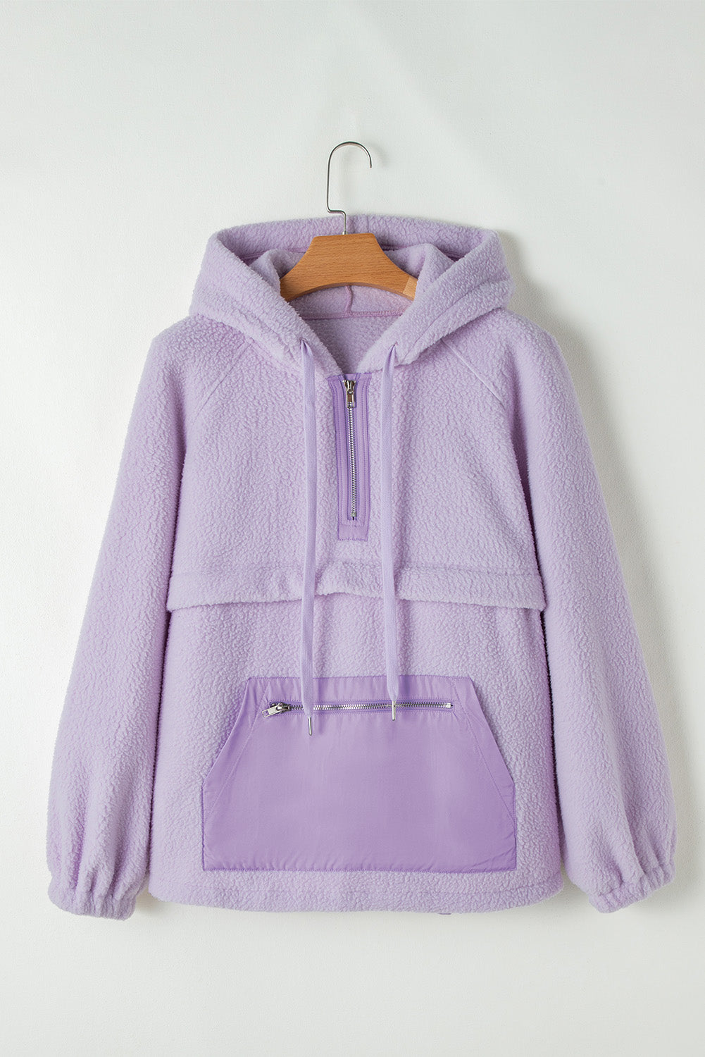 Zipped Patch Pocket Fuzzy Drawstring Hoodie