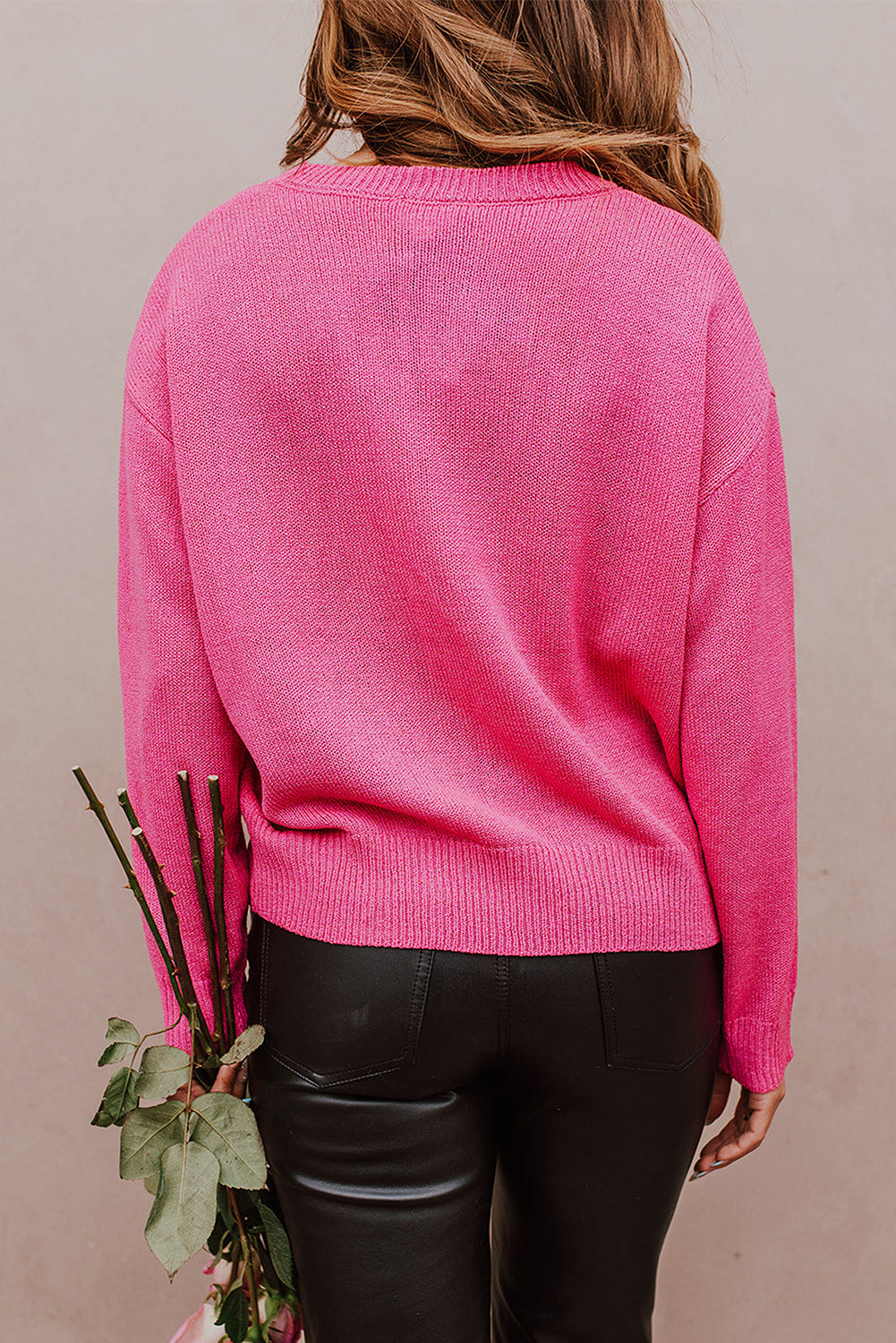 Heart XOXO Pattern Drop Shoulder Rib Knit Sweater