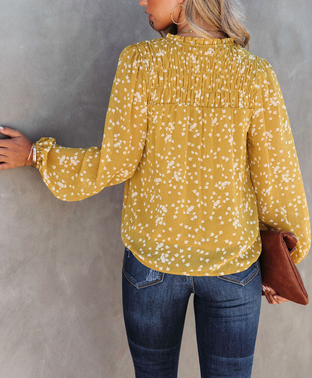 Plus Size Floral Print Ruched Split Neck Blouse