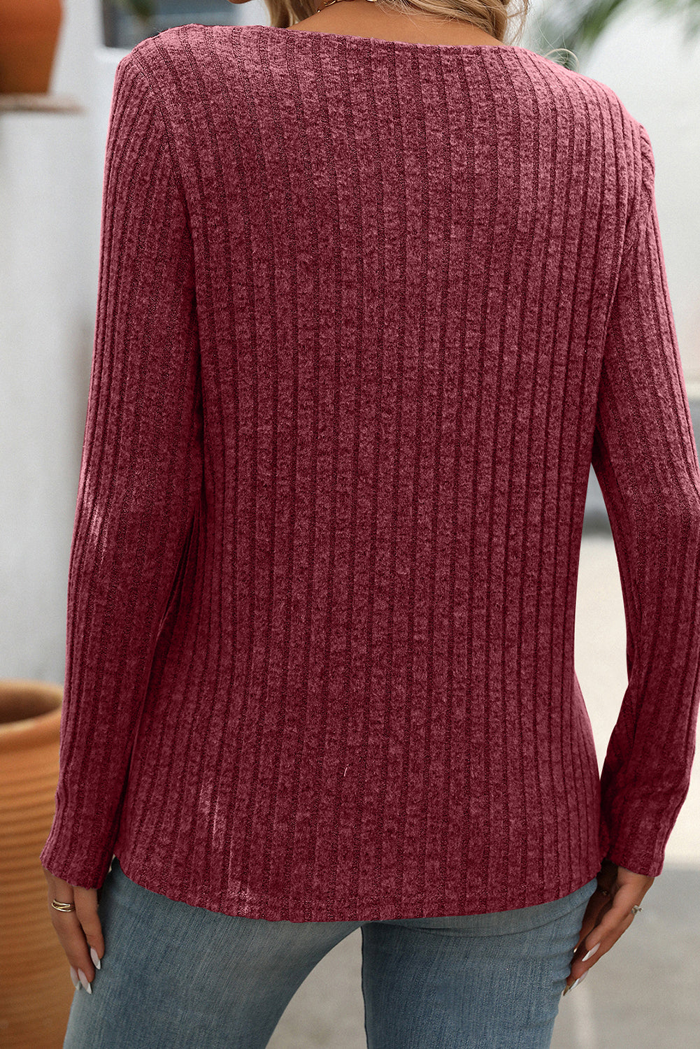 Ribbed Long Sleeve Buttoned Strap V Neck Top