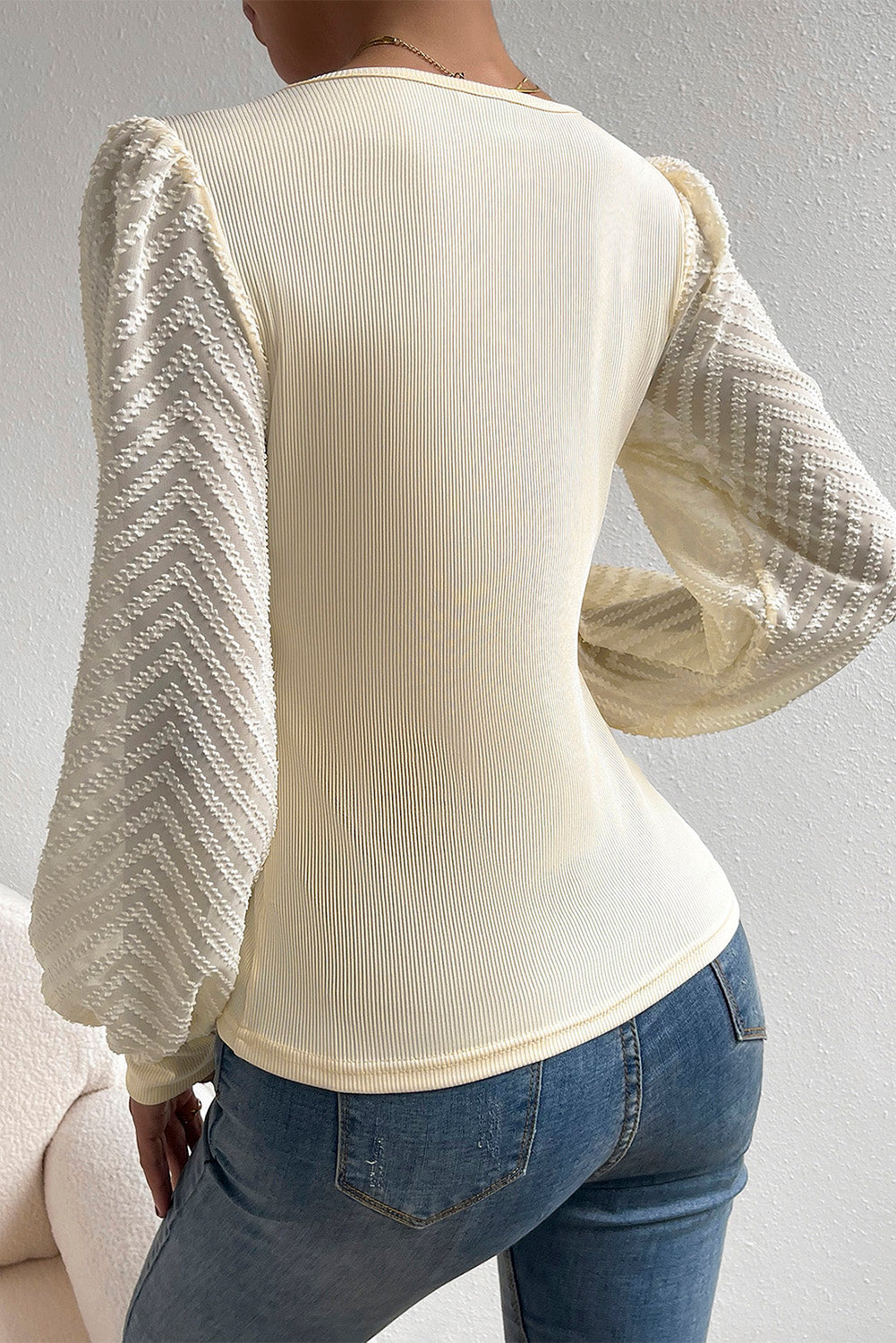 Delicate Textured Mesh Sleeve Ribbed Knit Blouse