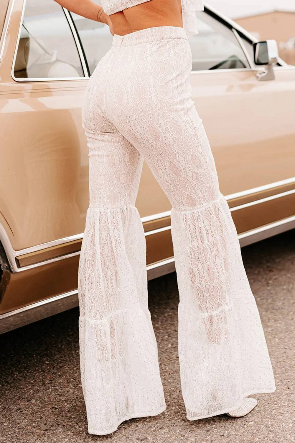 Sequined Lace Tiered High Waist Flare Pants